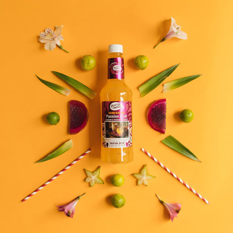 A bottle of Master of Mixers passion fruit mix, a perfect bar ingredient for cocktails or mocktails. 
