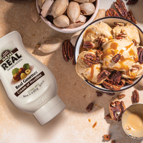 A ice cream sundae with Real cream of hazel nut sauce, Real syrups are perfect for cooking & baking or making hot drinks and milkshakes. 