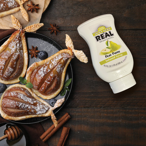 Pear baked goods made using Real pear puree syrup, Real syrup is a vegan and gluten-free syrup perfect for cooking& making or making drinks, such as cocktails. 