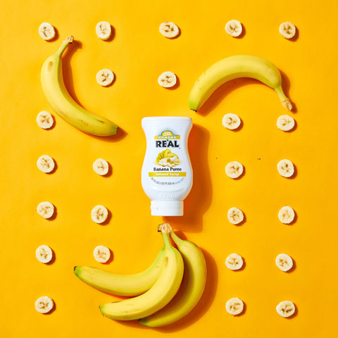 A bottle of Real banana puree syrup, a perfect syrup for baking, making cocktails or using in matcha. 