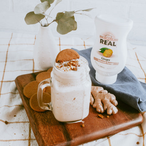 A ginger milkshake made using Real ginger infused syrup, a gluten-free and vegan syrup. 