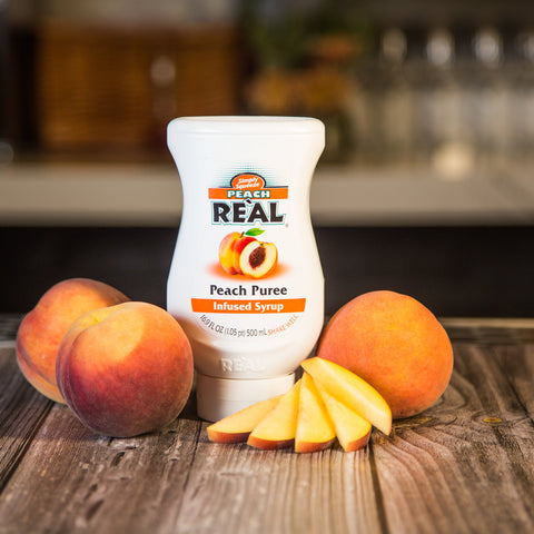 Real peach puree syrup, a vegan and gluten free syrup that is a perfect cocktail or mocktail ingredient, 