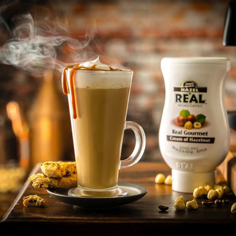 A latte made using Real cream of hazelnut syrup, Real syrups are gluten-free and vegan. 