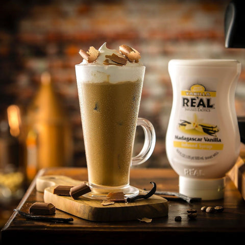 A vanilla latte made using Reál Madagascar vanilla vegan and gluten-free syrup. 