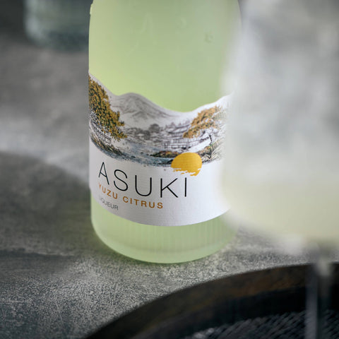 Bottle of Asuki Yuzu Citrus Liqueur, an Asian inspired liqueur. 