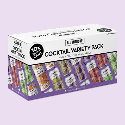 Box of 'All Shook Up' cocktail variety pack on a light purple background