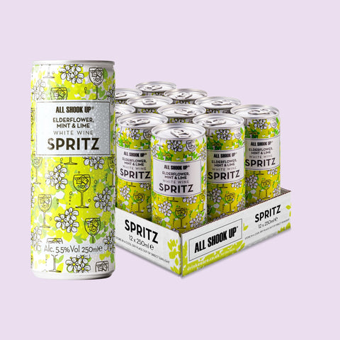 A 12 pack of All Shook Up Elderflower & Mint white wine spritz premixed, ready to drink canned cocktails.