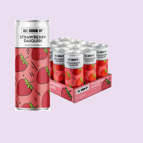 12 pack tray of All Shook Up strawberry daiquiri, a premixed, ready to drink canned cocktail. 