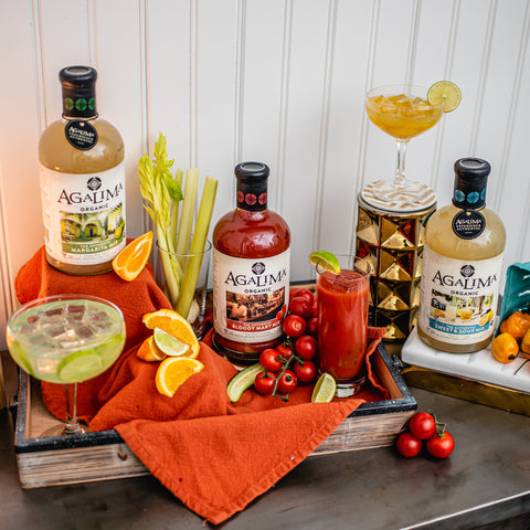 The Agalima Authentic Organic Cocktail Mix range including margarita mix, blood mary mix and sweet & sour mix.