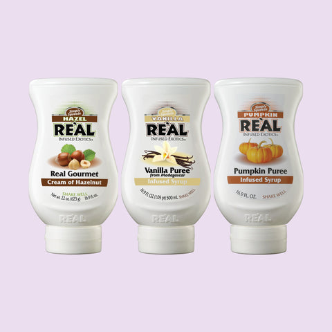 A coffee syrup bundle with three infused syrups, in flavours hazelnut, vanilla and pumpkin. 