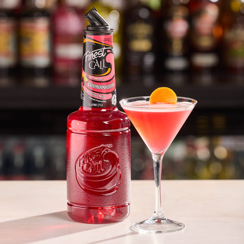 A cosmopolitan that's been made using Finest Call's premium cosmopolitan martini mix. 