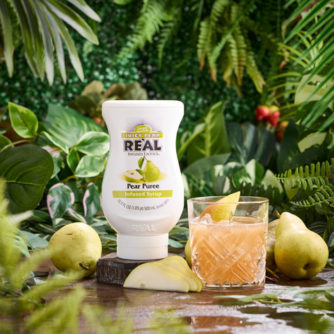 A pear cocktail made using Real pear puree, Real syrups are perfect for cooking & baking, making cocktails or mocktails and dirty sodas. 