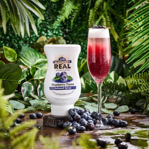 A blueberry cocktail made with Real blueberry puree syrup,  Real syrups are perfect for cooking & baking, making cocktails or mocktails and dirty sodas. 