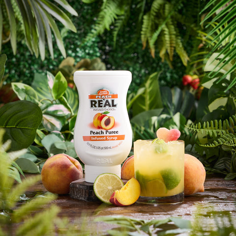 A peach cocktail made with Real peach puree syrup, Real syrups are perfect for cooking & baking, making cocktails or mocktails and dirty sodas. 