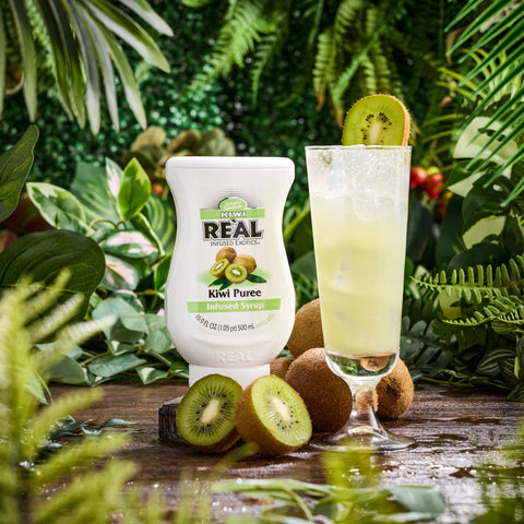 A kiwi cocktail made with Real kiwi syrup, Real syrups are perfect for cooking & baking, making cocktails or mocktails and dirty sodas. 