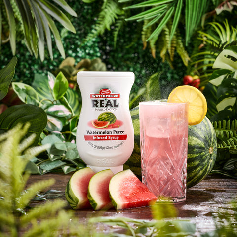 A watermelon cocktail made using Reál watermelon puree vegan and gluten free syrup. 