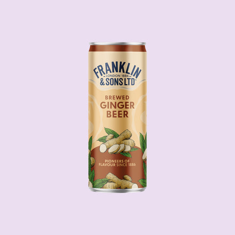 Can of Franklin & Sons Ltd brewed ginger beer on a light purple background