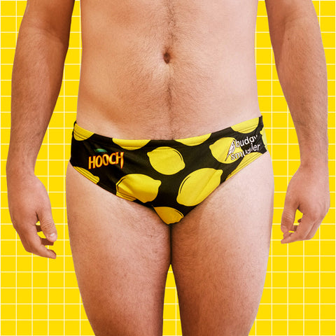 The front of Hooch Budgy Smuggler's. Vibrant lemon print including the Hooch & Budgy Smugglers logo.