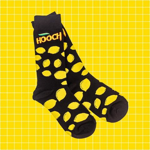 Hooch branded socks with lemon print design.