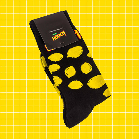 Hooch branded socks with lemon print design.