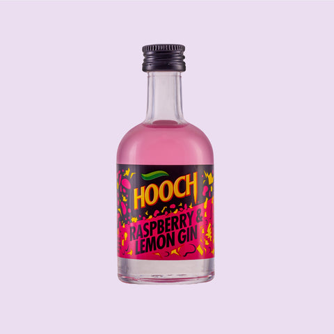 Miniature bottle of Hooch spirit, raspberry & lemon gin, the bottle contains a double shot. 