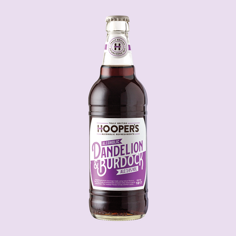 Hooper's Alcoholic Dandelion & Burdock 3.4% in a glass bottle, featuring traditional British drink branding with a purple and white label.