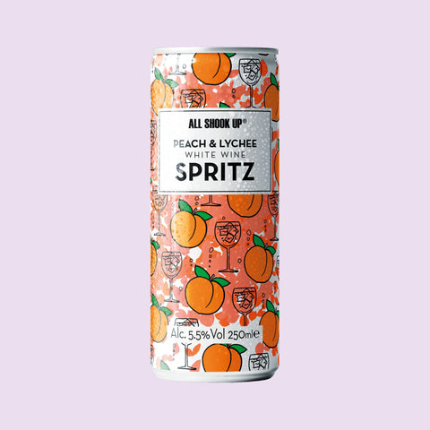 Can of All Shook Up Peach & Lychee White Wine Spritz on a light purple background