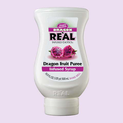 A 500ml bottle of Reál Dragon Fruit Puree Infused Syrup, made from real fruit. 