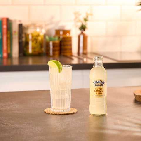 A bottle of Franklin & Sons brewed ginger beer, a premium soft drink & mixer. 