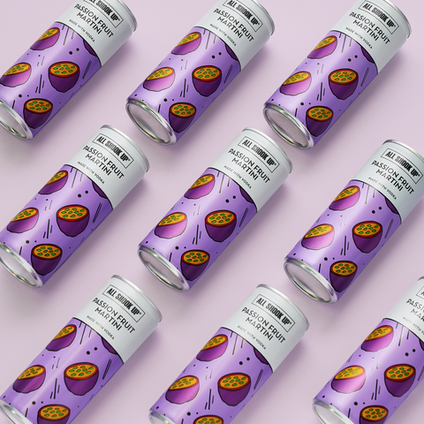 All Shook Up passion fruit martini premixed, ready to drink canned cocktails. 