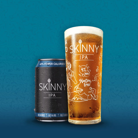 Skinny IPA can and glass on a blue background