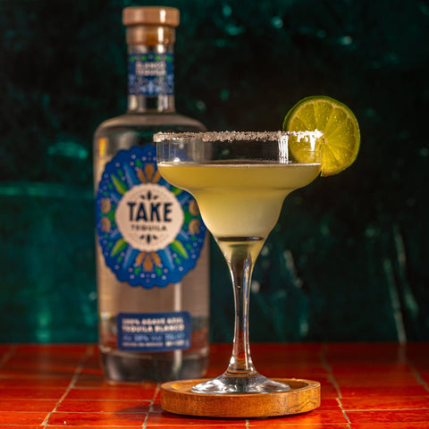 A margarita cocktail made with Take Tequila Blanco with 100% agave azul.