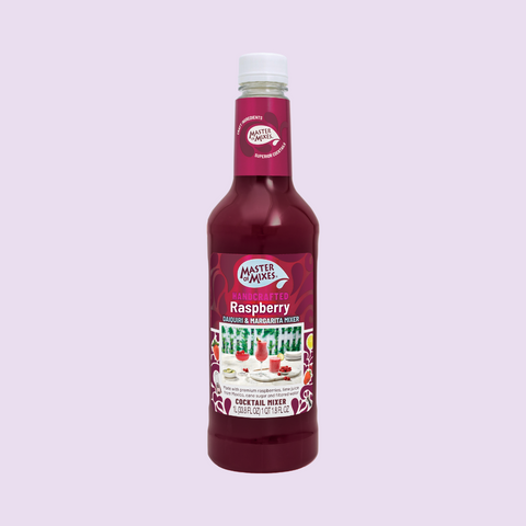 Bottle of Master of Mixes Raspberry mixer on a light purple background