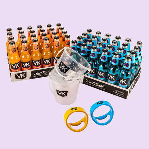 Two boxes of VK branded drinks with bottles, a bucket, and two bottle openers on a light purple background.