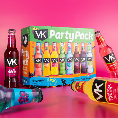 VK Party Pack, filled with 10 ready to drink alcopops on a pink background.