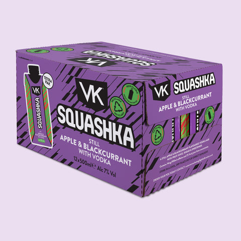 Box of VK Squashka Apple & Blackcurrant with Vodka on a light purple background