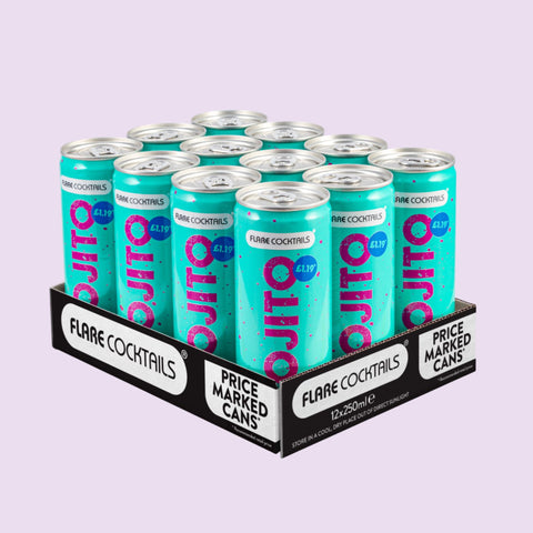 Tray of pre-mixed, ready to drink Flare Cocktails Mojito Can. 