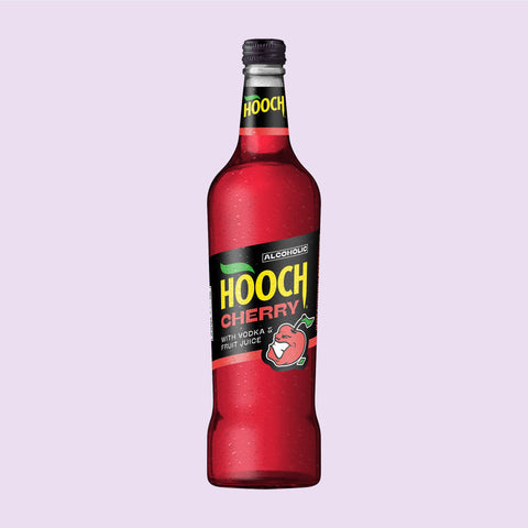 A big bottle of Hooch Cherry, an alcoholic cherryade premixed with vodka and fruit juice.