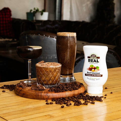 Three hazelnut drinks that have been made using Re'al Cream of Hazelnut syrup. 