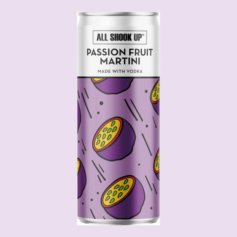 All Shook Up Passion Fruit Martini Canned cocktail on a light purple background. 