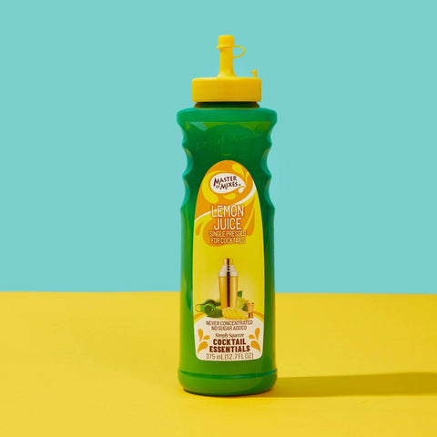 A bottle of Master of Mixes Cocktail Essentials Single Pressed Lemon Juice, not from concentrate. 