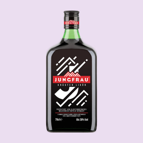 A 70cl bottle of Jungfrau Krauter Likor with a black label featuring white and red text, indicating the brand name and that it is a herbal liqueur.