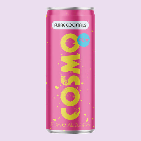A pink Flare Cosmo canned cocktail. 