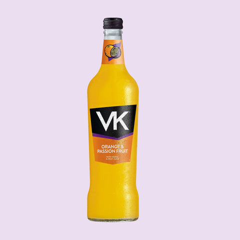 70cl glass bottle of VK Orange & Passion Fruit alcopop with vodka & fruit juice.
