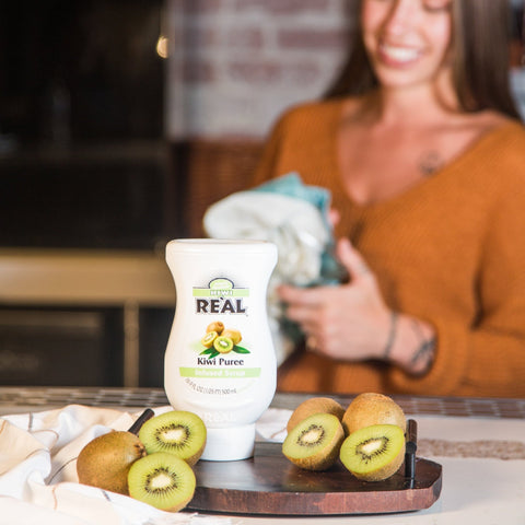 A bottle of Real kiwi puree syrup, a perfect cocktail or mocktail ingredient. 