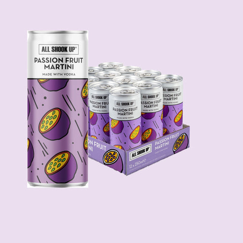 12 pack tray of All Shook Up Passion Fruit martini premixed, ready to drink cocktail.
