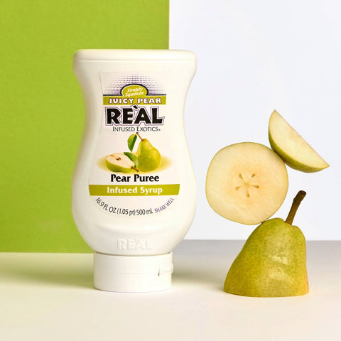 A bottle of Re'al Juicy Pear Puree Infused Syrup. 