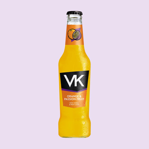 275ml glass bottle of VK Orange & Passion Fruit alcopop with vodka & fruit juice.