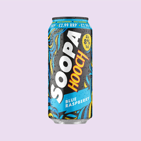 A can of Soopa Hooch Blue Raspberry ready to drink on a light purple background. 