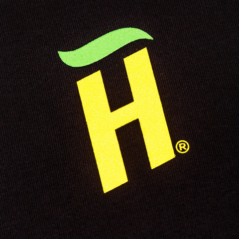 Hooch branded logo design on a black sweatshirt. 